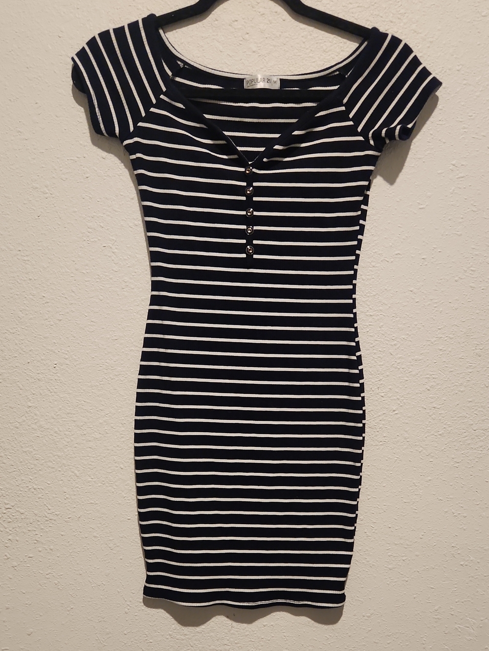 Popular 21 Navy White Striped Bodycon Dress Snap Button Front Size M